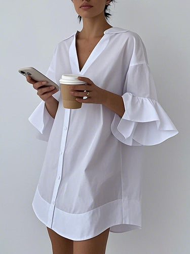 Manches évasées en A-line moule à plissée à plissée en V Couleur en V Fruismé mini-robes de chemise robe de chemise