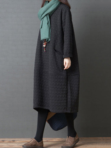 Joint fendu de couleur unie en lâche avec manches longues à col rond de poche robe midi