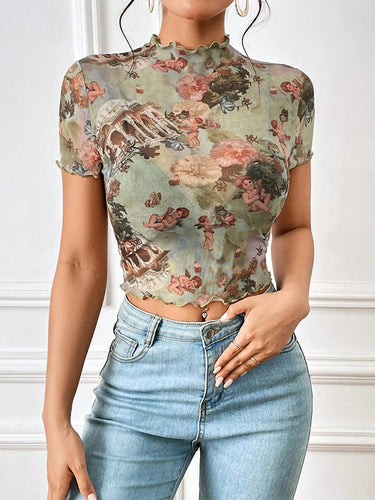 أكمام قصيرة نحيل الشكل زهرة طباعة الكشكش تقليم SEET-SEACH TOPS TOPS TOPS