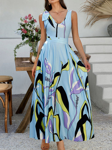 A-line عالية الخصر تباين ألوان ألوان مطوية مقسمة مقسمة سوستات V-Neck Maxi