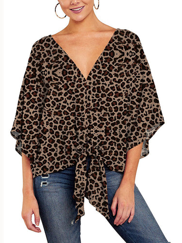 Batwing mangas media mangas tejidos tejidos de leopardo con cuello en v camisetas blusas