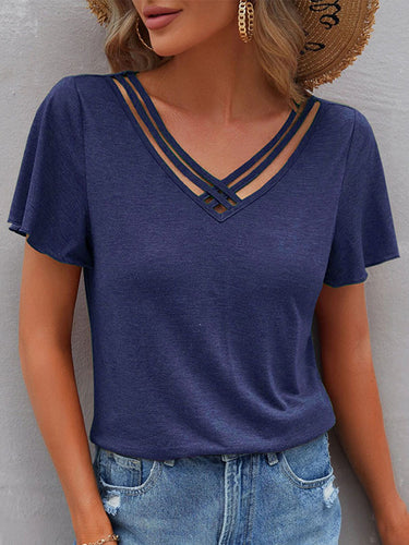 ゆるいプラスサイズ中空のソリッドカラースプリットジョイントVネックTシャツトップス