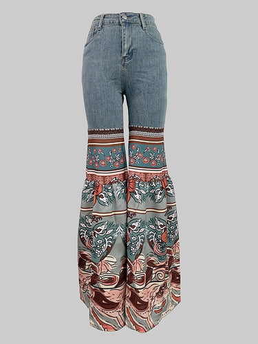 Pantalons évasés Papes à taille haute imprimée Floral Pantalons en jean Bottoms