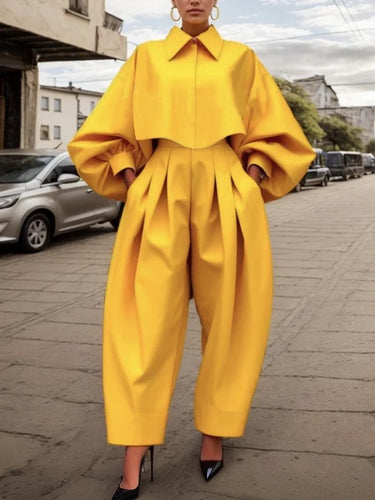 High-Low Lose Falten-Taschen Feste Farbhosen Hosen