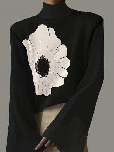 フレアスリーブフラワープリントハイネックTシャツのトップ