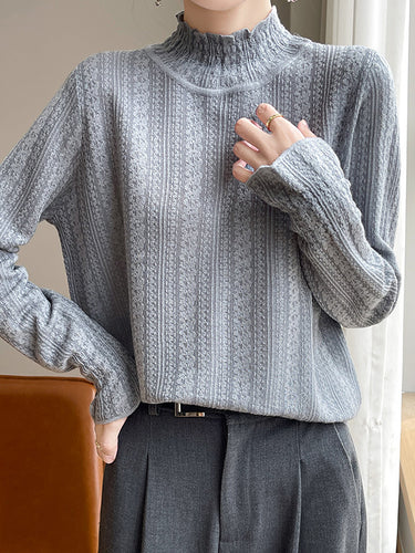 長袖ゆるい弾力性フリルトリムソリッドカラーモックネックTシャツトップス