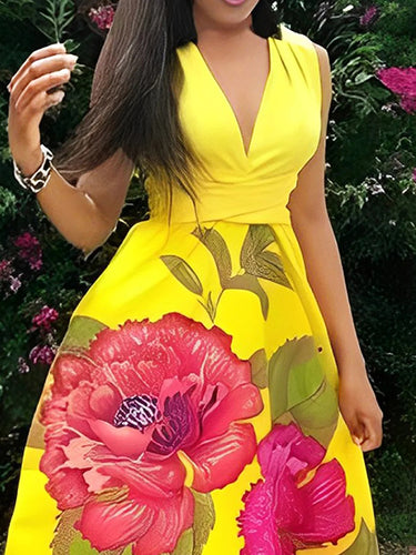 A-Lineless Flower Plant Print Pritted-Coint V-Neck Maxi Dresses