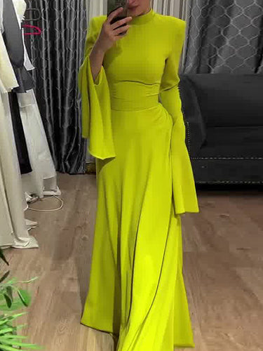 Ruffle Sleeves Skinny Belted Solid Color Round-Neck Maxi Dresses