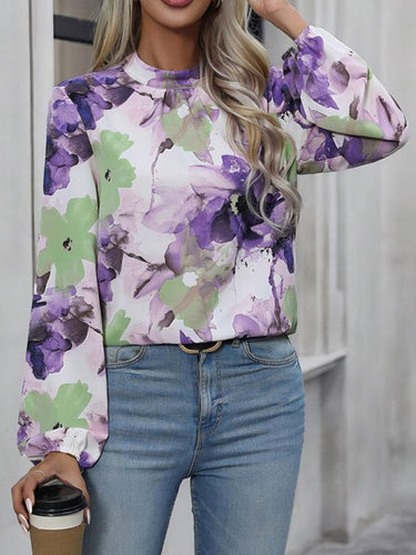 Mangas compridas elasticidade solta estampa de flor plissada mock colouses camisetas tops