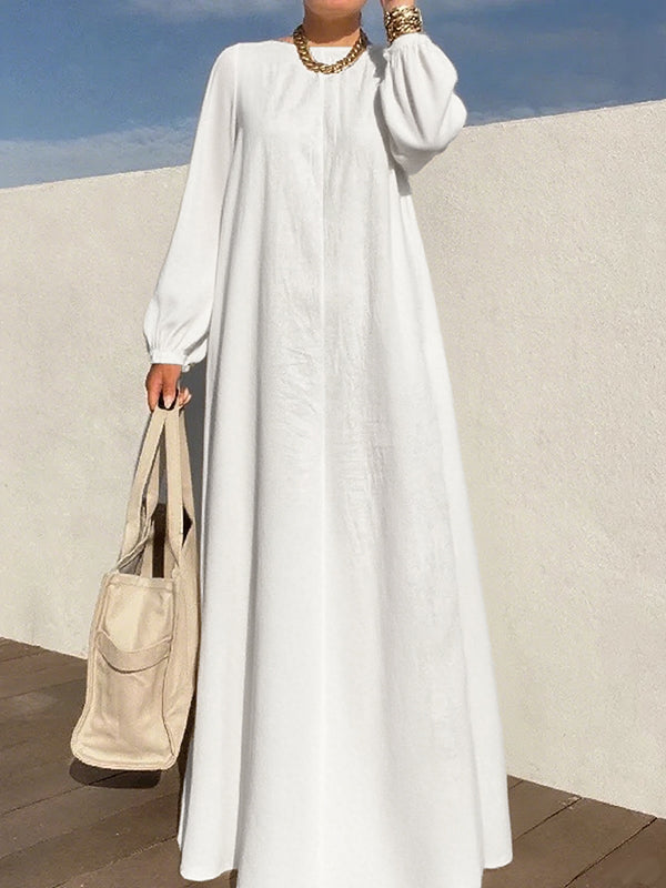 uoozee dresses Long Sleeves Loose Pleated Solid Color Zipper Round-Neck Maxi Dresses – Uoozee official