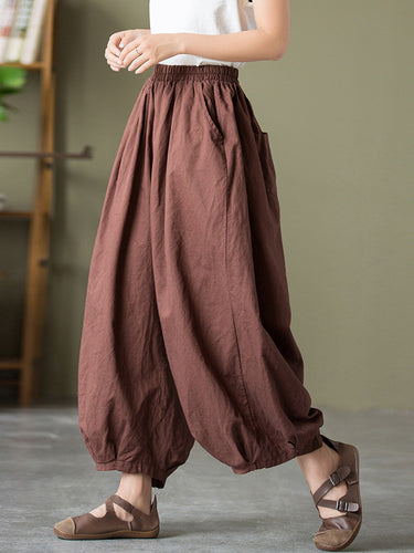 Einfache lose Leinen Feste Farbe Falten -Kordelbreite Beine Knickerbocker