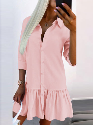 Manches longues boutonnées en vrac plissée de couleur unie à plis coloride à joint de revers à revers à revers robe de chemise