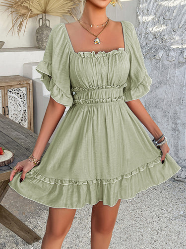 A-line High Waisted Elasticity Pleated Ruffle Trim Solid Color Square-neck Mini Dresses
