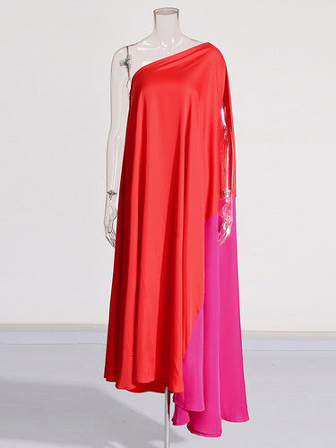 Hohe taillierte lose asymmetrische Kontrastfarbe Split-Gelenk One-Shoulder Maxi-Kleider
