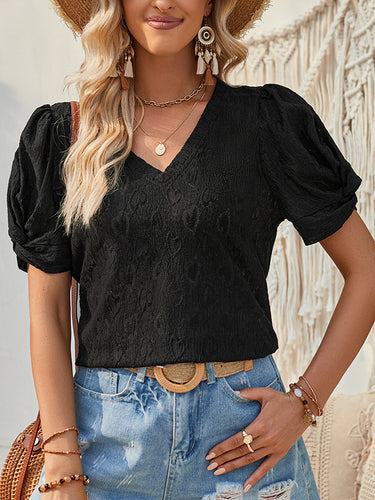 ゆるい短袖ハートプリントノットプリーツソリッドカラースプリットジョイントVネックTシャツトップス