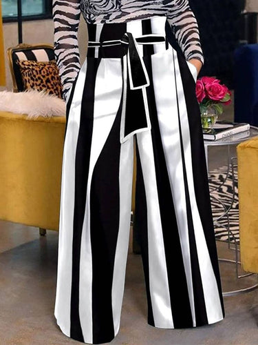 Hohe taillierte lose Stripe Bindet Taille Hosenhosen Hose