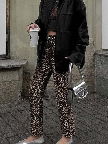 Pantalon de pantalons de poches léopard à taille haute