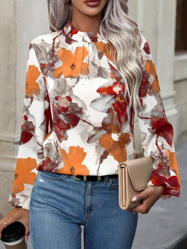 Mangas compridas elasticidade solta estampa de flor plissada mock colouses camisetas tops