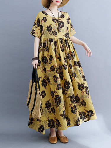 ゆるい半袖プリーツ印刷されたスプリットジョイントラウンドネックミディドレス