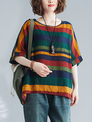 レインボーストライプバットウィングスリーブTシャツトップ
