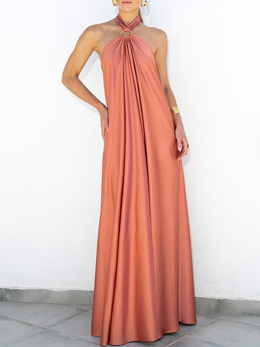 A-Line Loose Backless Solid Color Tied Halter-Neck Maxi Dresses