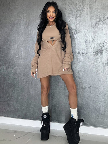 سوء ملون صلب دائري من العنق الفساتين وفساتين أعلى قطعتين