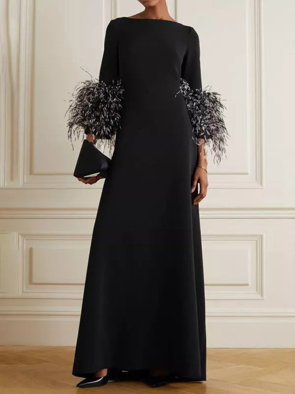 feather long sleeve dress Black Mother Of The Bride Dresses 2026 Women's Sheath One Shoulder Floor Length Wedding Guest Formal Evening Gowns with Feathers, Black The Chic Aopwsrlyi Women Sexy Feather Dress