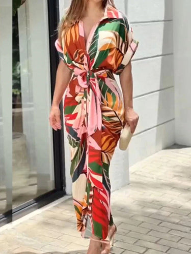 Manches courtes en vrac à manches plissées à imprimé revers à revers à revers maxi robe de chemise
