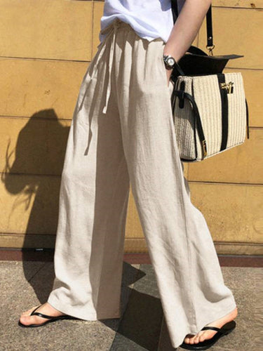 Bolsos de cordão solto de cintura alta calça calças de cor sólidas