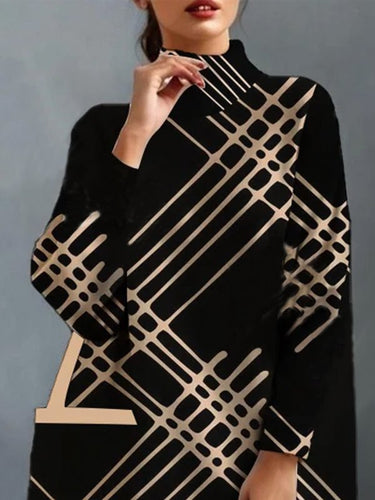 A-Line Long Sleevesポケットは、ハイネックミニドレスを印刷しました