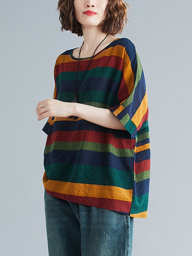 レインボーストライプバットウィングスリーブTシャツトップ