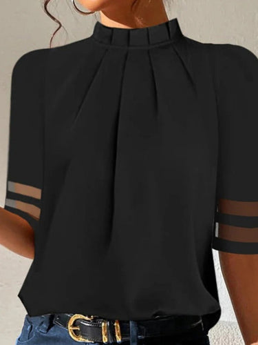 ゆるい半袖プリーツシースルースプリットジョイントスタンドカラーTシャツ