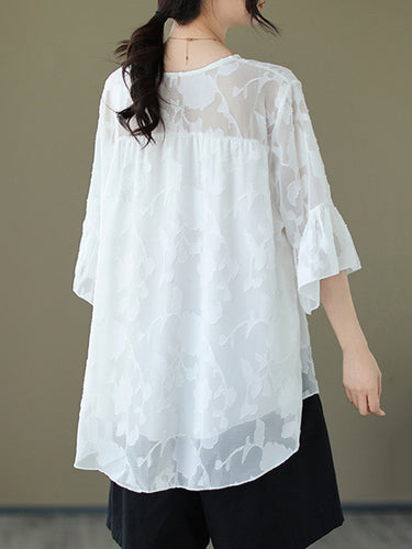 ゆるい半袖ファルバラプリーツシースルースプリットジョイントラウンドネックTシャツ