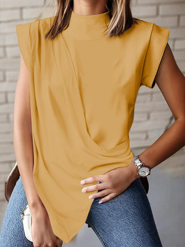 ゆるいノースリーブ非対称プリーツ固体色のスプリットジョイントムックネックTシャツトップス