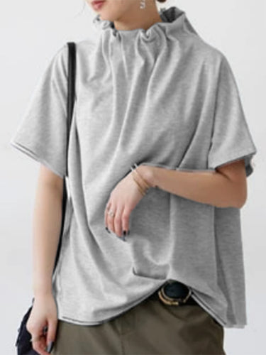 ゆるい半袖ソリッドカラースタンドカラーTシャツのトップ