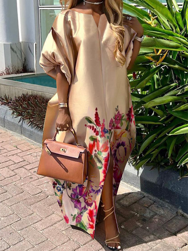 A-line نصف الأكمام مرونة زهرة الطباعة تقسيم الفساتين v-neck maxi