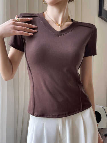 半袖スキニーソリッドカラースプリットジョイントVネックTシャツ