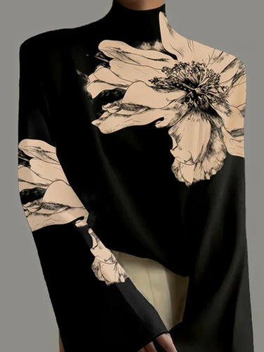 フレアスリーブ長袖フラワープリントハイネックTシャツトップス