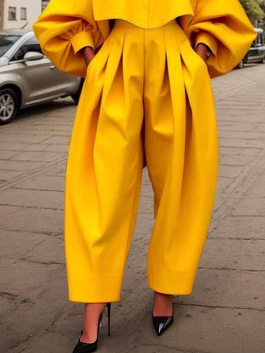 High-Low Lose Falten-Taschen Feste Farbhosen Hosen
