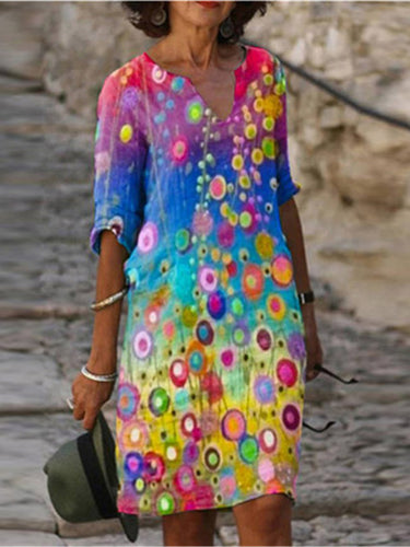 Originaldruck V-Ausschnitt Kurzarm Mini-Kleid