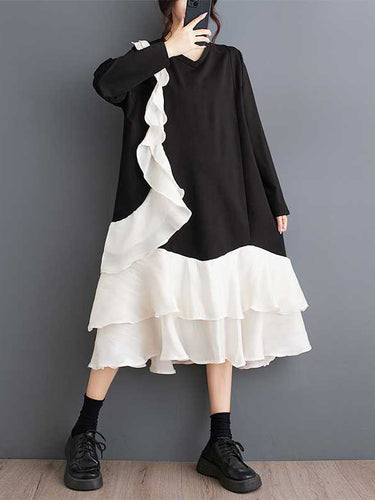 أكمام طويلة الأكمام الطويلة على النقيض من جيوب اللون الكشكش تقسيم الفساتين V-neck midi