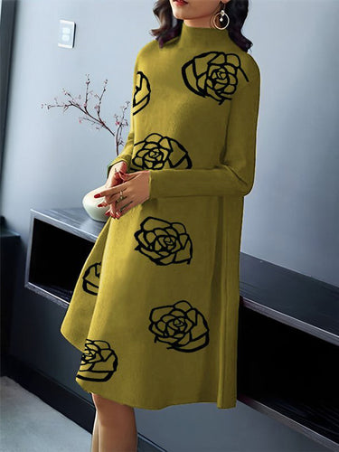 A-Line Long Sleevesフラワープリントモックネックミディドレス