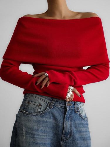 Long Sleeves Loose Solid Color Off-The-Shoulder Pullovers Sweater Tops