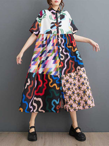 A-Line Lourded Butted Printed Speld-Coint-Coint Lapel Midi Dresses Dress Dress