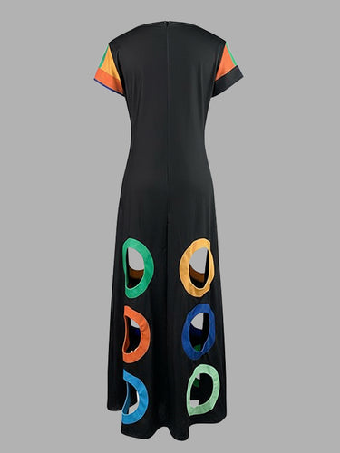 A-lineハイウエストカラフルなコントラストカラーホローVネックマキシドレス