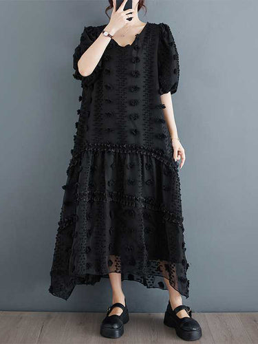 A-line نصف الأكمام مرونة Jacquard صلبة ألوان تقسيم مفصل V-neck midi فساتين