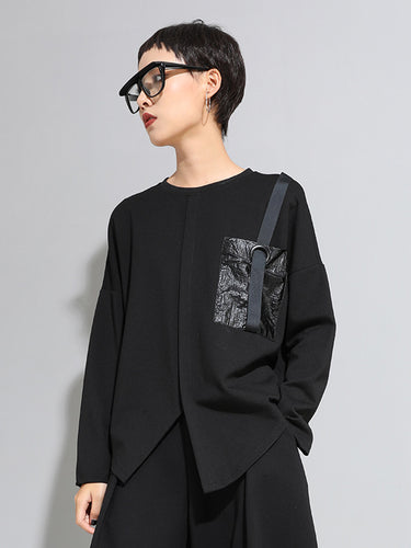 ファッションルーズロングスリーブスプリットフロントラウンドネックTシャツのトップス