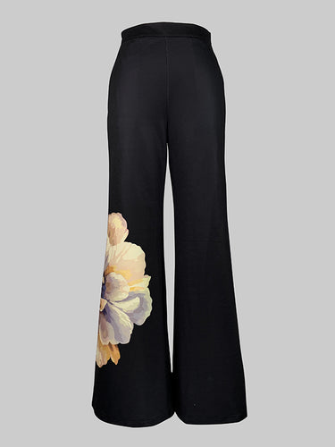 Calça de estampa de flores soltas de cintura alta calça