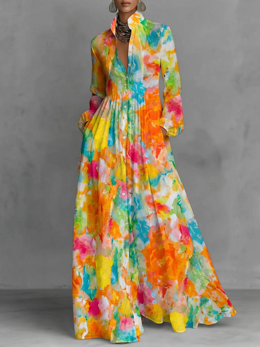 A-Line Long Sleeves Buttoned Contrast Color Pleated Pockets Printed Lapel Maxi Dresses Shirt Dress