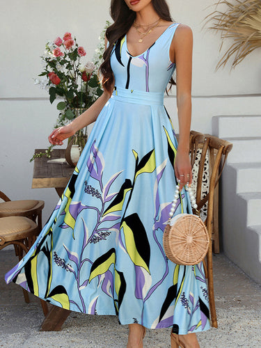 A-line عالية الخصر تباين ألوان ألوان مطوية مقسمة مقسمة سوستات V-Neck Maxi